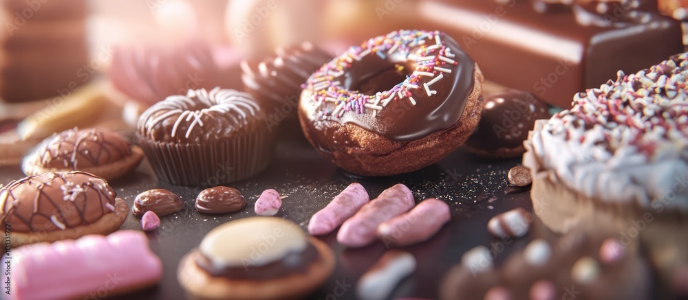 Poster delectable assortment of desserts and pastries with colorful sprinkles and rich chocolate on a dark 