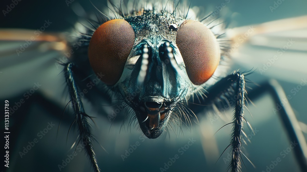 Poster detailed macro photography showcasing the intricate features and anatomy of a common fly against a b