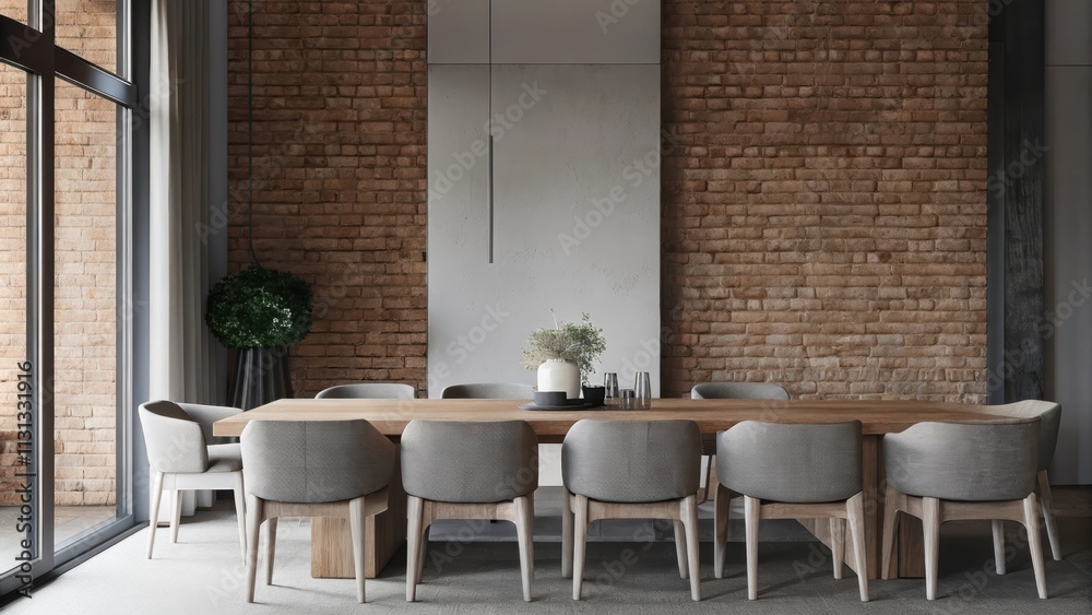 Poster a minimalist dining area with an oversized wooden table surrounded by mismatched chairs. each chair 