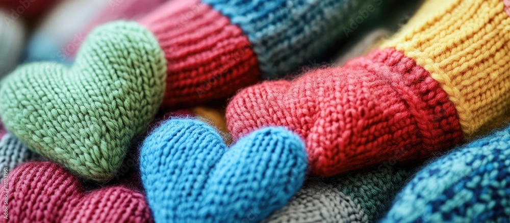 Poster colorful knitted socks featuring cute small heart patterns creating a cozy and warm textile backgrou