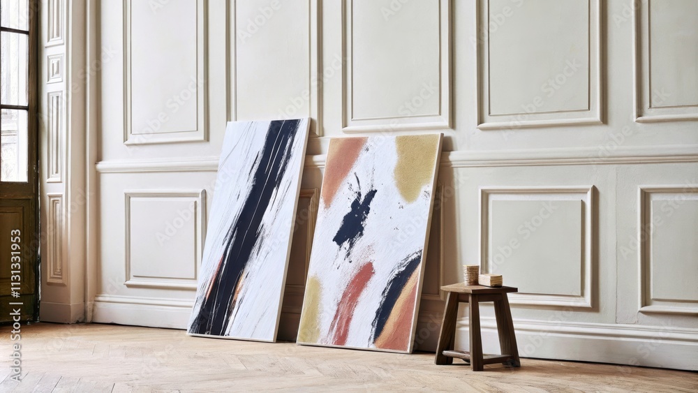 Poster An elegant corner of the loft with a white backdrop where large abstract canvases in vibrant colors are arranged in a grid pattern while a simple wooden pedestal subtly displays a