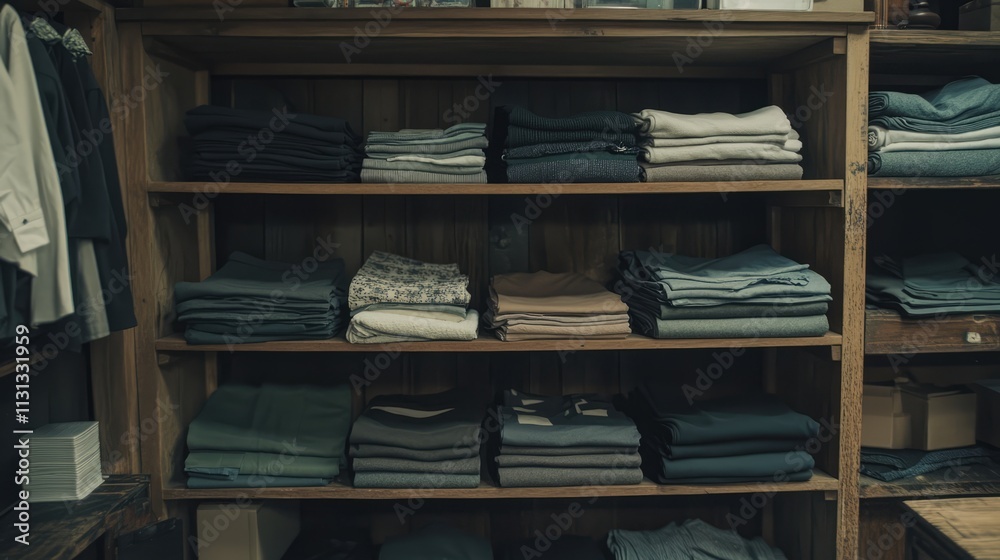 Poster organized shelves with neatly folded clothing displaying a variety of fabrics and colors in a well-a