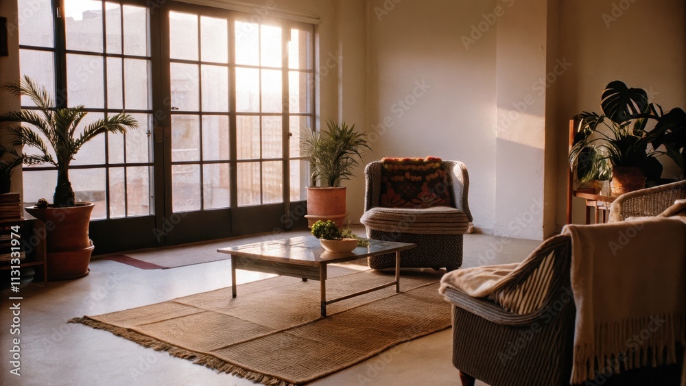 Poster an openplan living room with a sleek metal coffee table resting on a layered jute and wool rug. pott
