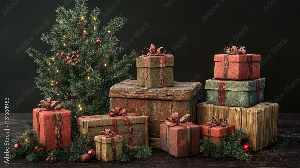 Poster rustic christmas presents and decorated tree on wooden table with soft lighting creating a warm fest