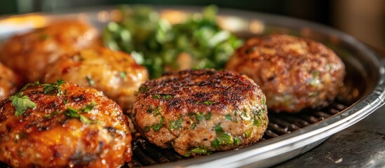 Grilled meatballs and fish patties close up with fresh greens on a serving platter delicious outdoor cooking scene