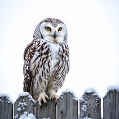 Fototapeta premium Snowy owl perched on snow-covered fence in winter