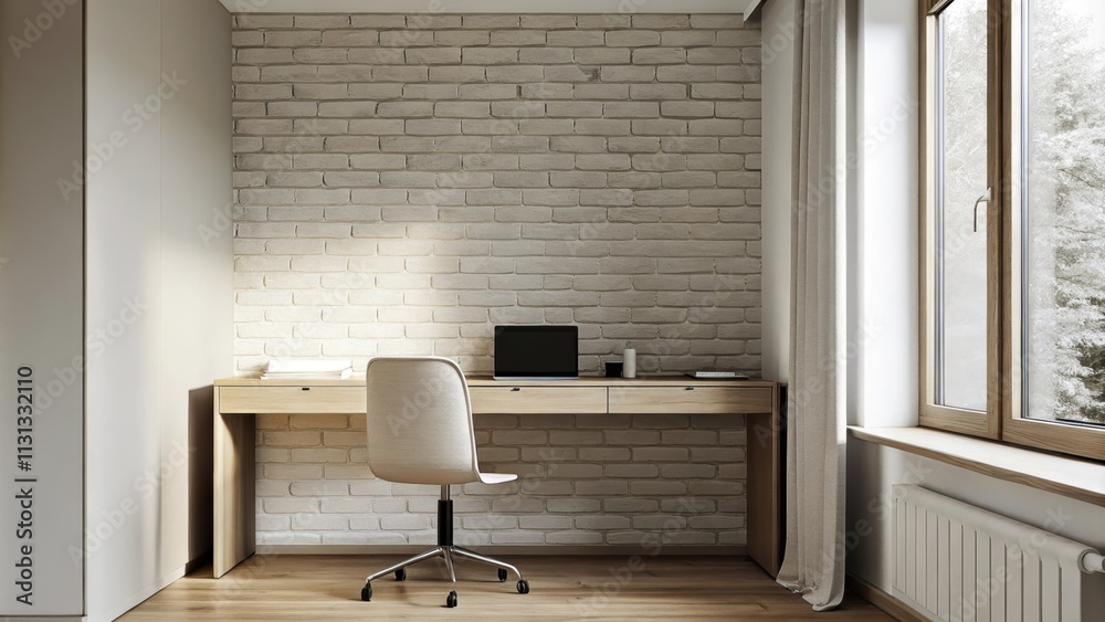 Poster a minimalist home office with a clean brick backdrop a simple wooden desk and a stylish ergonomic ch