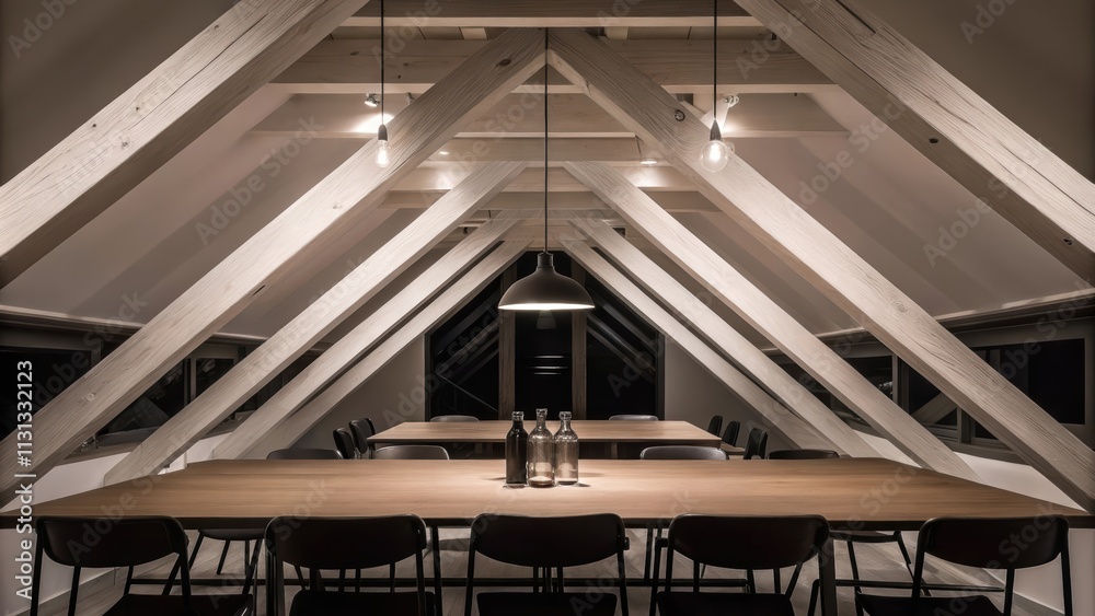 Poster An elegant dining area featuring a long wooden table with sharp angles surrounded by simple metal chairs. The space is illuminated by pendant lights that hang in a staggered