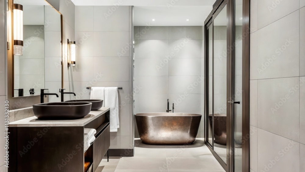 Poster an inviting bathroom equipped with a deep soaking tub with a metallic faã§ade minimalist chrome fixt