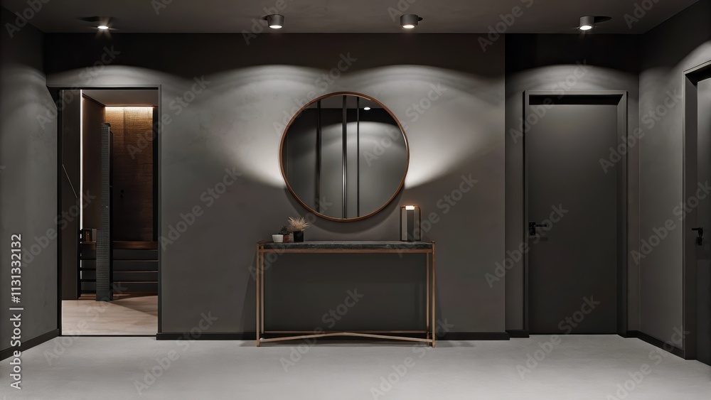 Poster A stylish entryway with a tall metal console table holding simple decor items a large round metallic mirror reflecting the soft lighting from overhead fixtures against a