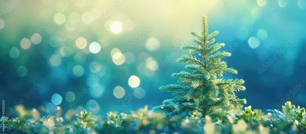 Poster christmas tree surrounded by soft bokeh lights creating a serene festive atmosphere perfect for seas