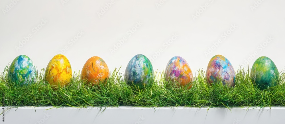 Aufkleber Colorful Easter eggs displayed on artificial green grass creating a festive spring atmosphere and highlighting vibrant seasonal decorations