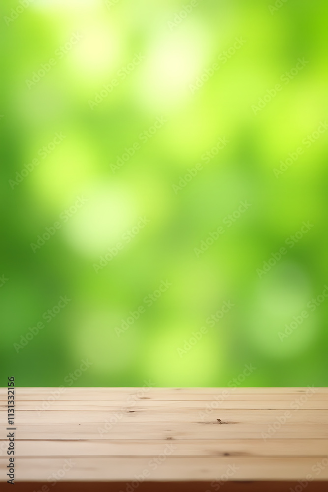 Poster A minimalist wooden table top sits empty against a soft blur of fresh green abstract background for display and visuals._00003_