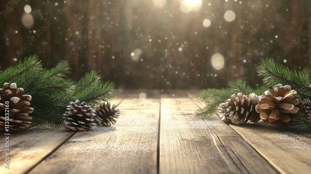 Poster christmas scene with coniferous branches pine cones and soft sunlight on rustic wooden boards during