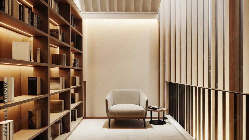 Aufkleber A cozy reading nook with a simple armchair and a small angular side table. The nook is surrounded by tall thin bookshelves that emphasize verticality while soft diffused lighting