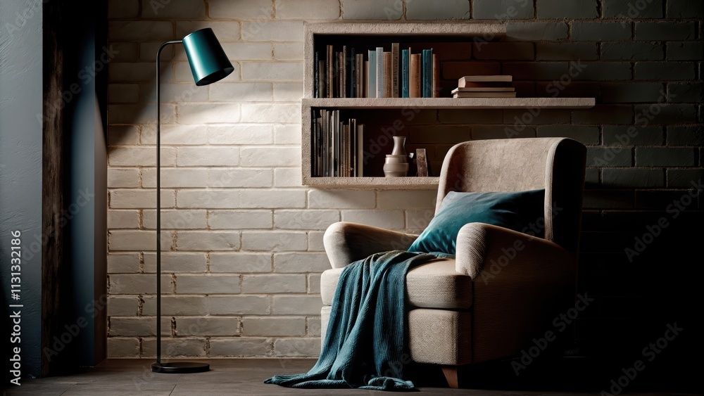 Aufkleber A tranquil reading nook with a cozy brick section a plush armchair a small side table and a shelf filled with a curated selection of books softly illuminated by a standing lamp.