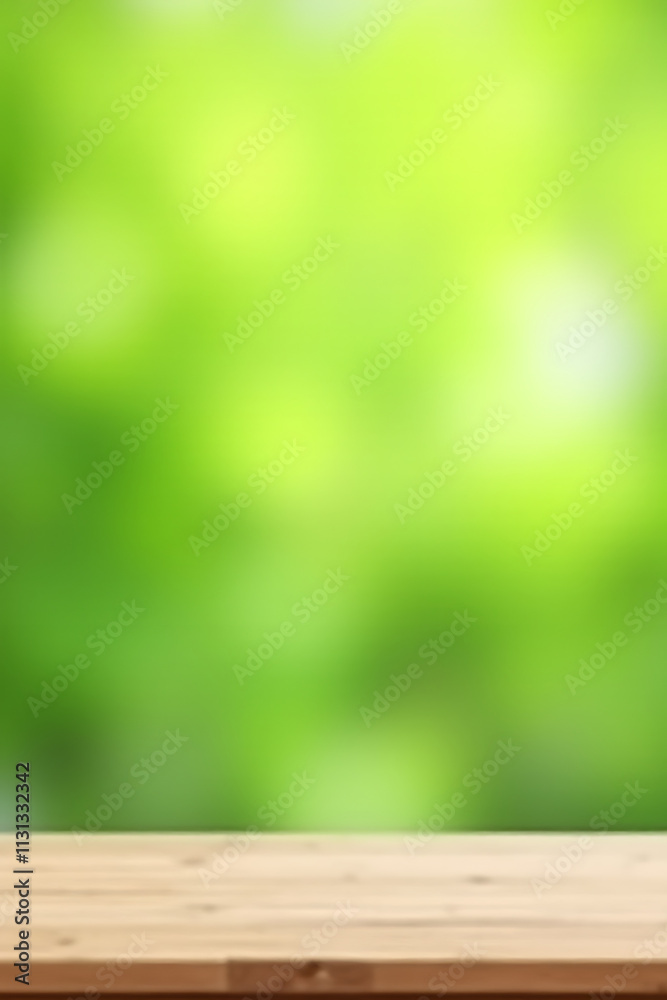 Poster a minimalist wooden table top sits empty against a soft blur of fresh green abstract background for 