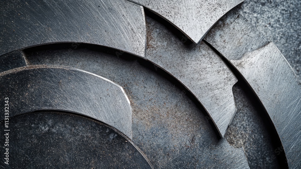 Poster Close up of metallic cutting wheels arranged artistically highlighting texture and details on a dark background with ample copy space