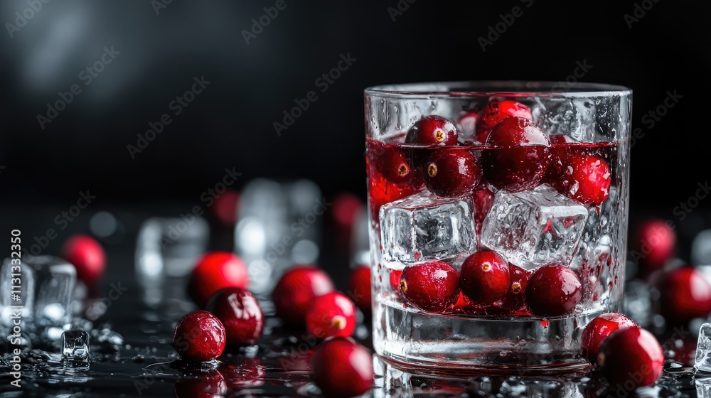 Poster fresh cranberries in a glass of vodka with ice cubes on a dark background showcasing droplets and vi