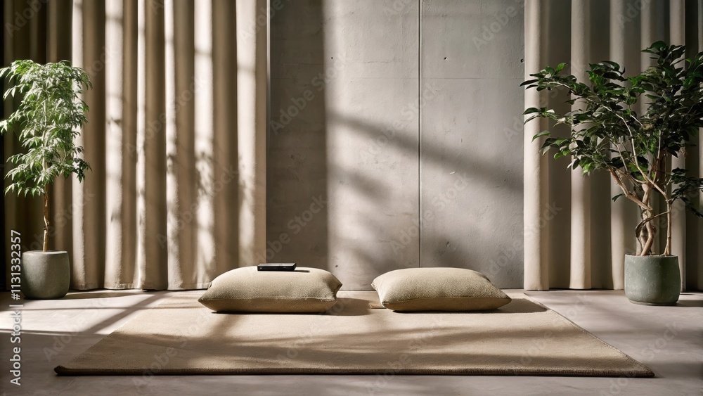 Aufkleber A tranquil meditation space featuring a lowprofile platform surrounded by soft textured cushions with natural light filtering through curtains and a backdrop of concrete adorned