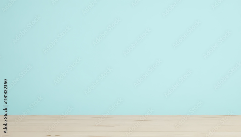 Poster a minimalist wooden table top on a soft blue pastel colored background is ideal for product display 
