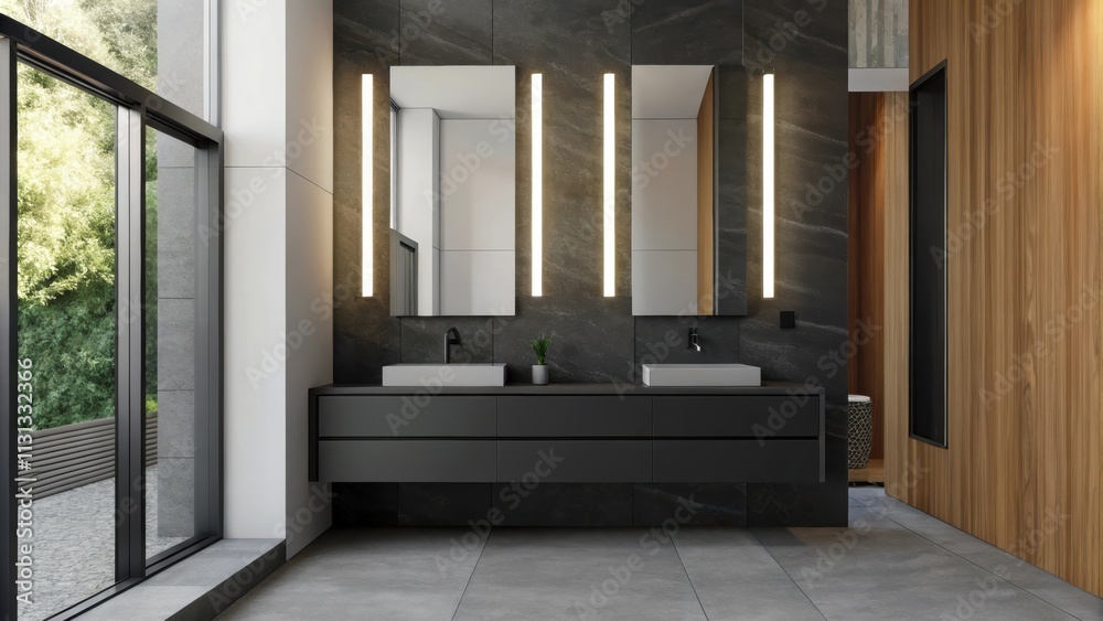 Poster A sleek bathroom featuring a matte black vanity with minimalist fixtures. Large mirrors and dramatic lighting enhance the space complemented by textured tiles and earthy materials