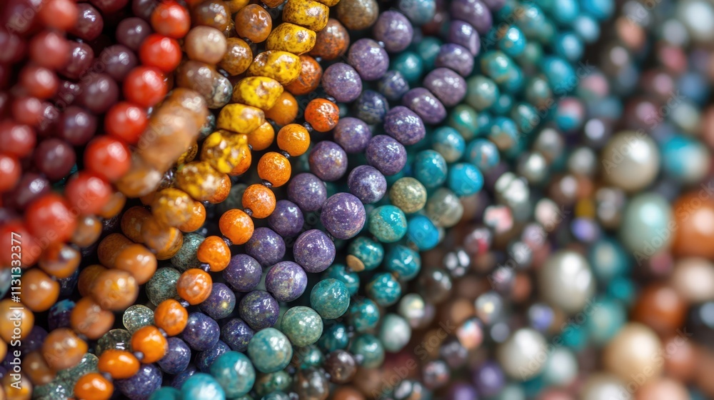 Poster Vibrant assortment of colorful beads displayed in a close up view showcasing various textures and hues perfect for craft and jewelry design.