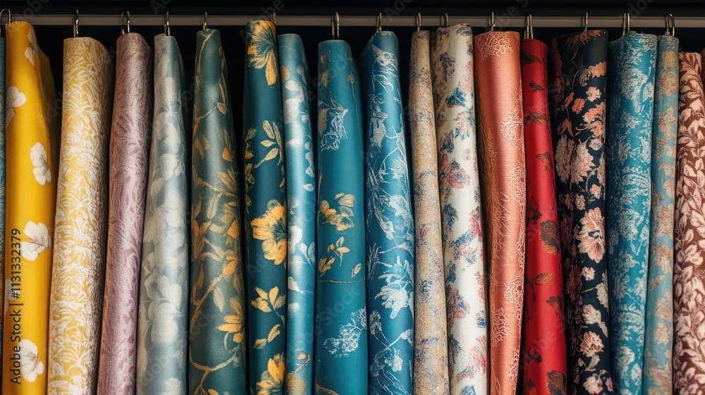 Poster vibrant fabric rolls displayed neatly on a shelf in a stylish designer store showcasing diverse patt