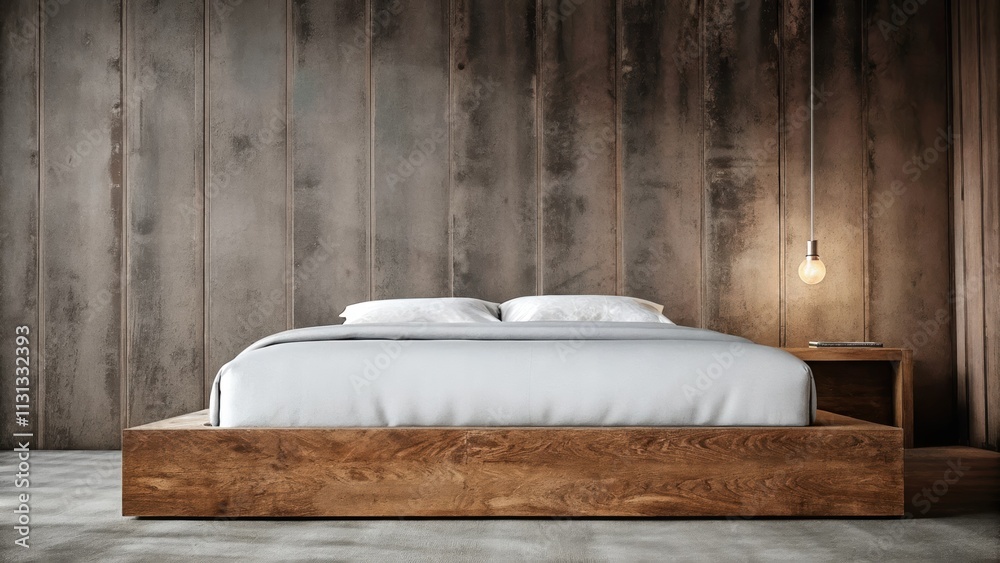 Poster A bedroom with a platform bed made of raw wood adorned only with a minimalistic bedding set. The walls are left in their original state complete with visible nails and a simple