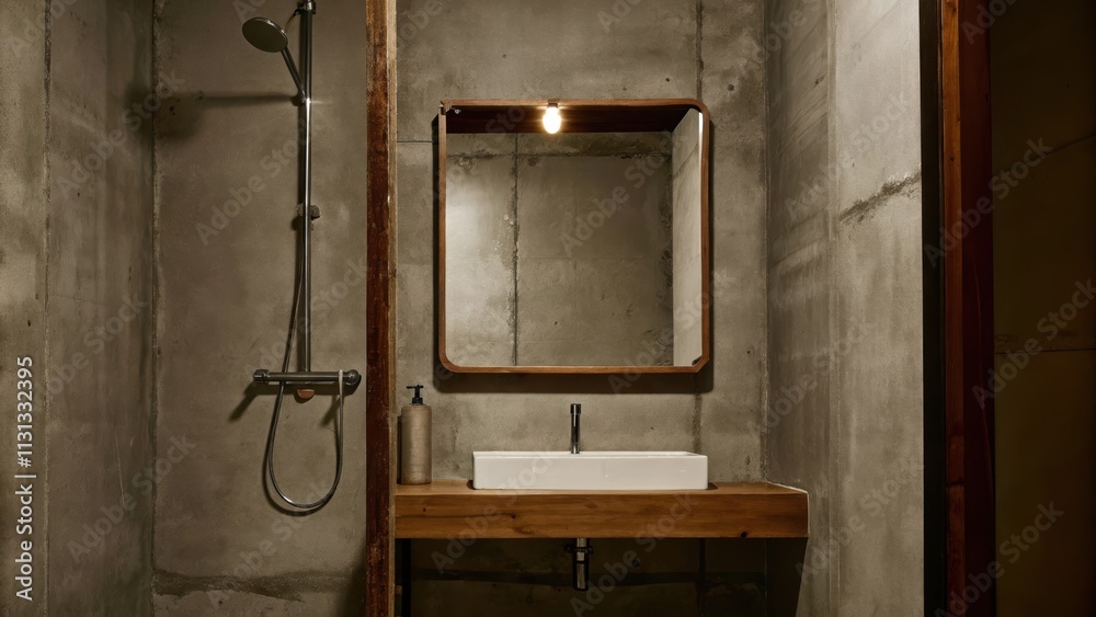 Poster a small bathroom with unpolished cement walls a simple floating sink and a large mirror framed in ra