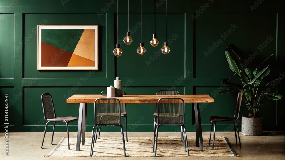 Poster A spacious dining area with a reclaimed wood dining table surrounded by metalframed chairs hanging filament bulb lighting and earthtoned artwork against a backdrop of soft taupe