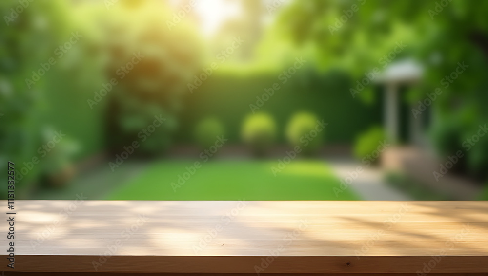 Poster A minimalist wooden table top against a blurred green background of garden and home area for creative product display or design visuals._00004_