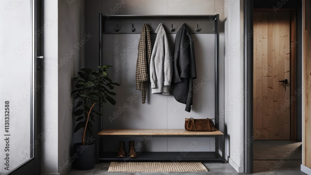 Poster a compact entryway with a simple bench hooks for coats and an industrialstyle mirror framed in metal