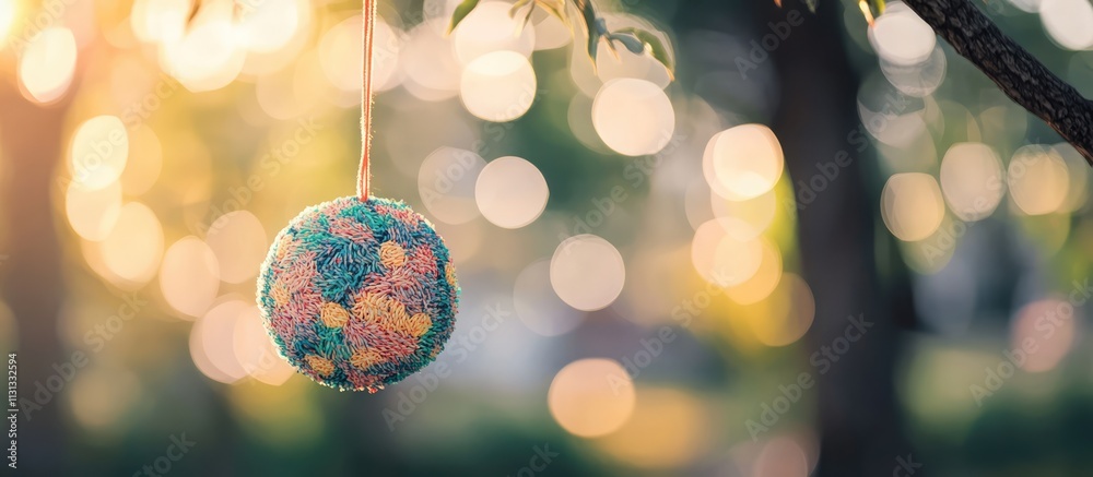 Aufkleber Colorful decorative ball hanging from a tree branch illuminated by dreamy bokeh lights in a serene outdoor setting