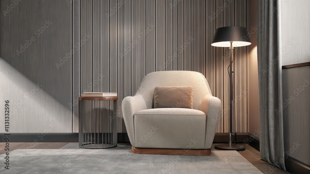 Poster a cozy reading nook in a corner of a sunlit room featuring an oversized neutral chair a sleek floor 