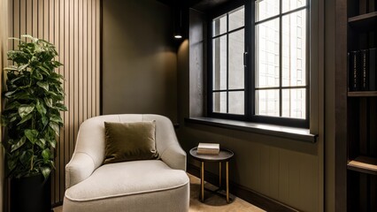 Fototapeta premium A cozy reading nook nestled in a corner with a large window allowing natural light to pour in. The walls are a soothing light taupe complemented by a dark chocolate brown accent