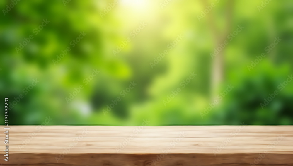 Poster a minimalist wooden table sits empty in a blurred abstract green background of a garden and home are