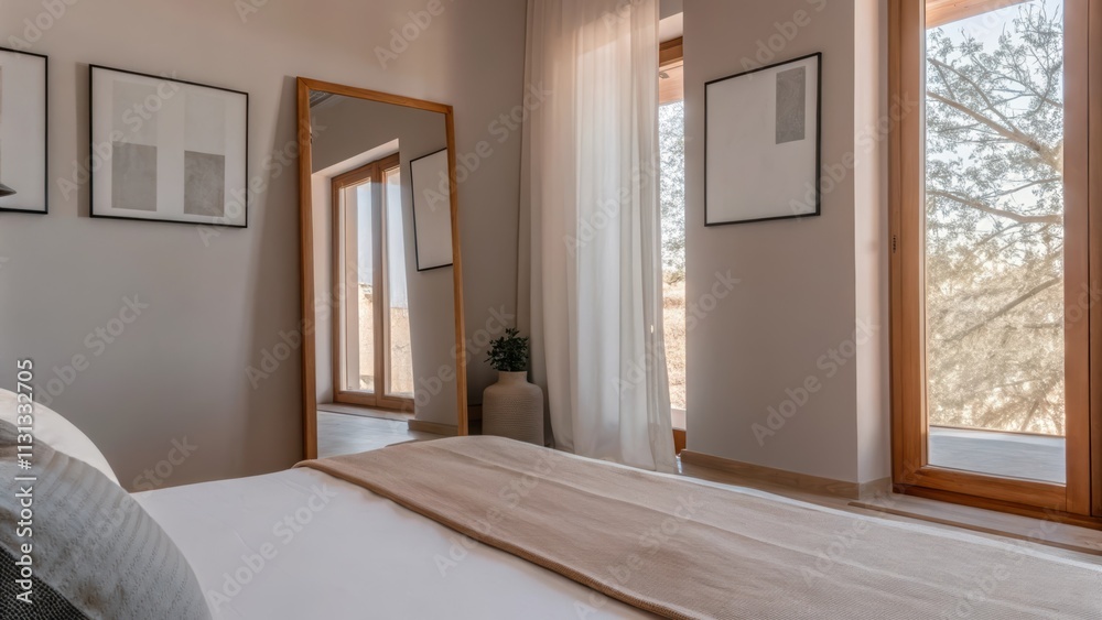 Aufkleber A serene bedroom designed with a low platform bed in soft neutral tones minimal wall art and a large mirror that reflects the natural light creating an airy atmosphere.