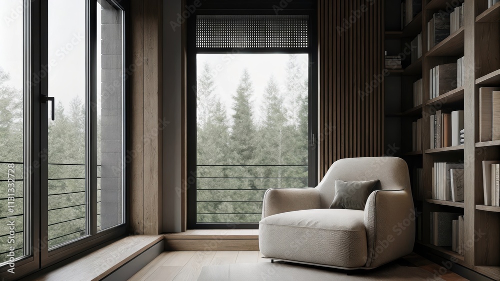 Poster a cozy reading nook with a comfortable oversized armchair upholstered in soft fabric positioned next