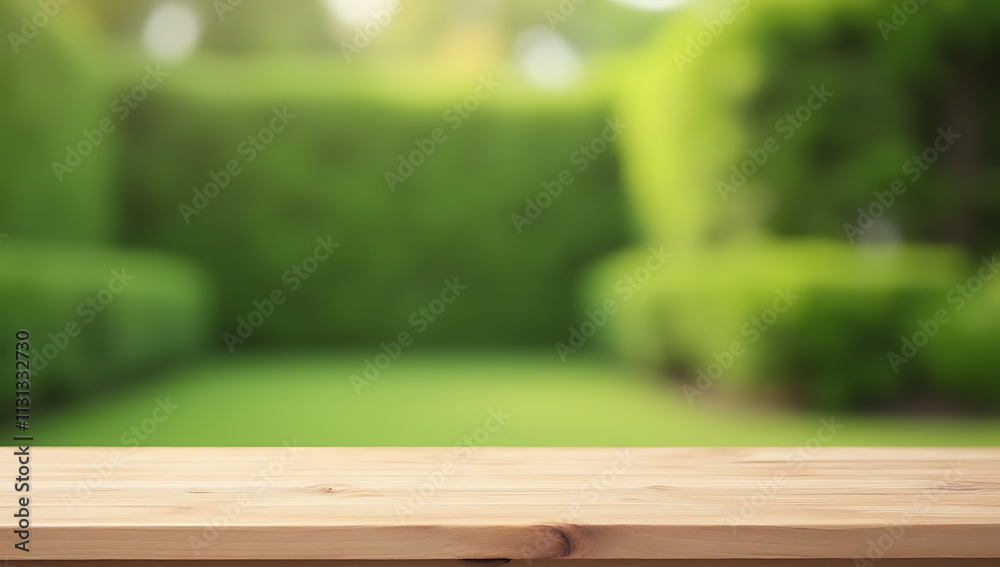 Poster A minimalist wooden table top against a blurred green background of garden and home area for creative product display or design visuals._00001_