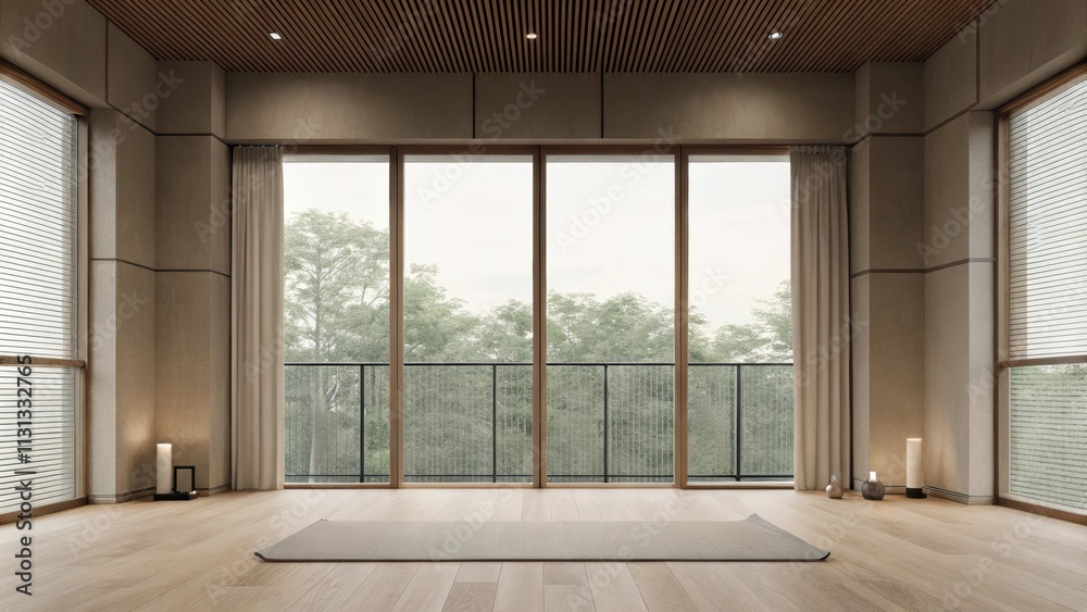 Poster a spacious yoga or meditation room with soft wooden flooring and large windows that open to the park
