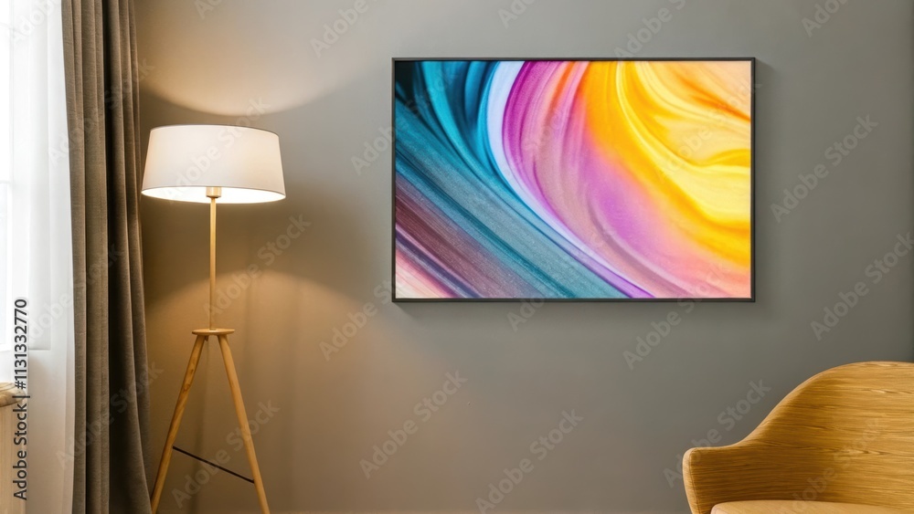 Poster An artsy corner featuring a large canvas with abstract artwork a simple floor lamp and a stylish side table offering a pop of color against the muted wall.