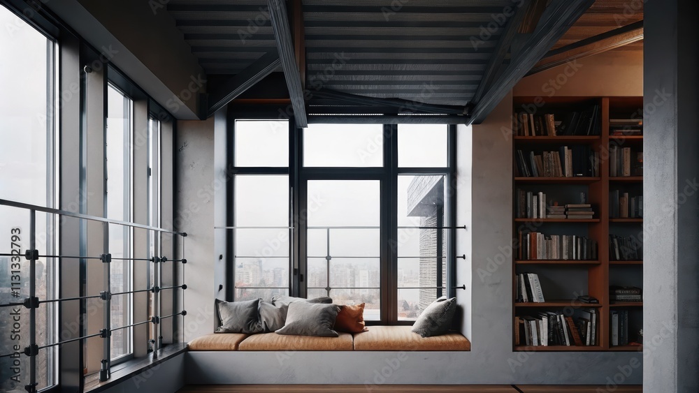 Poster A cozy reading nook is formed by a builtin bench beneath tall windows with a framework of steel and wood supporting the overhang enhancing the industrial charm while offering