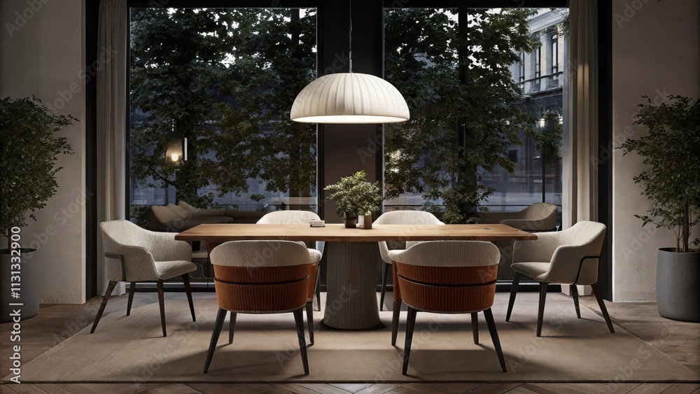 Poster a stylish dining area with a simple wooden table surrounded by mismatched chairs accented by a strik