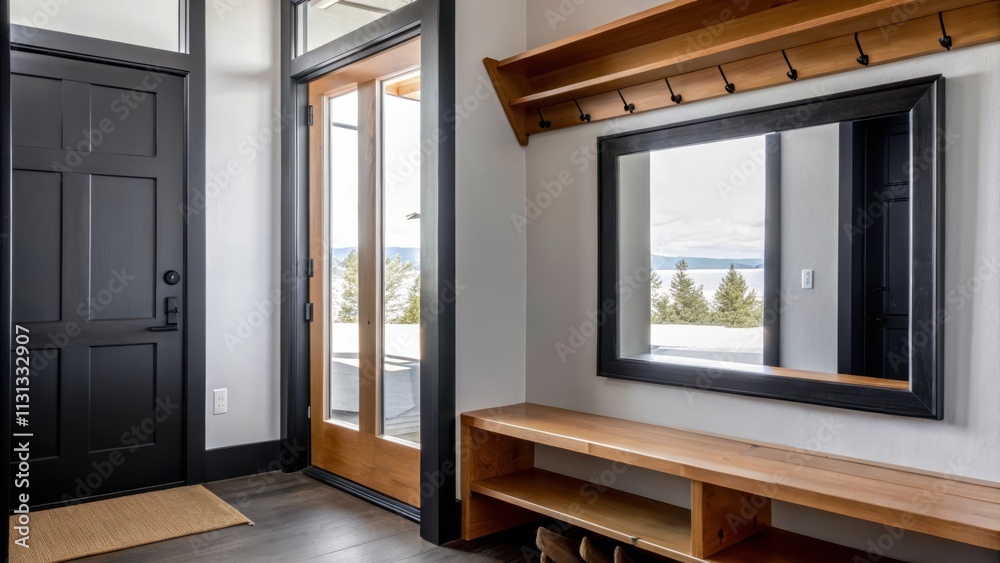 Poster An entryway boasting a simple bench and hooks for coats with a large mirror reflecting light and the scenic view just beyond the door welcoming guests into the minimalist setting.