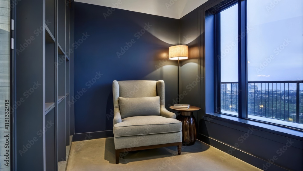 Poster a cozy reading nook is situated in a corner with deep indigo walls and a large cushioned armchair. a
