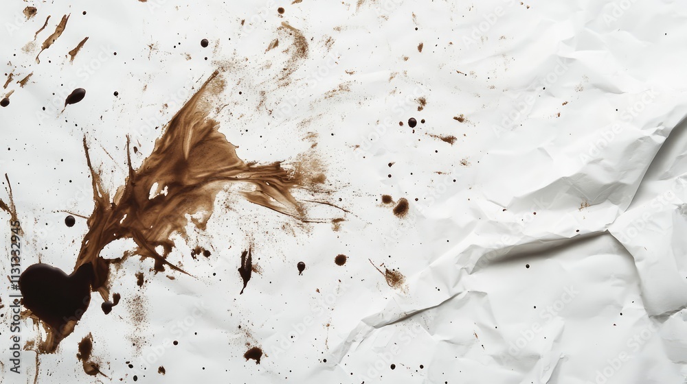 Poster coffee stains on crumpled white paper background artistic texture design
