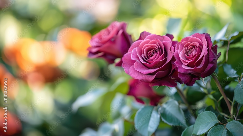 Poster Close up of vibrant roses with soft green foliage backdrop creating a serene floral background perfect for design and copy space usage