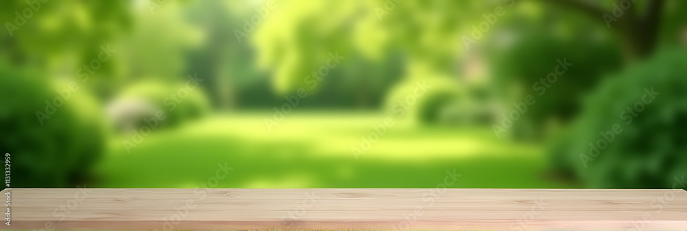 Poster a minimalist wooden table sits atop a blurred, vibrant green garden background with no visible objec