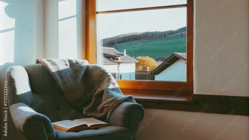 Poster a cozy reading nook with a plush armchair and an inviting throw positioned by a window where sunligh